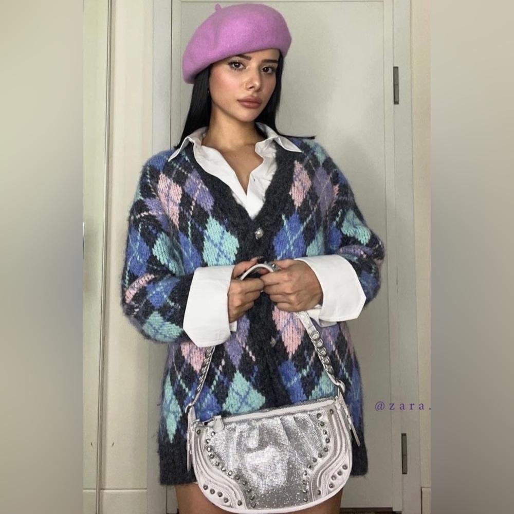 Zara Jewel Button Argyle Knit Cardigan